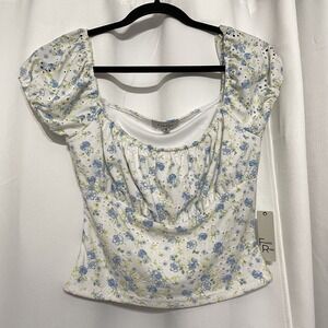 Faded Rose Floral Eyelet Puff Sleeve Womens Crop Top M Coquette Cottagecore NWT
